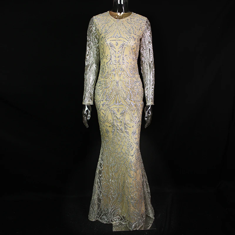 Элегантные платья макси Серебристые блестящие вечерние платья с круглым вырезом с полыми рукавами блестящие платья длиной до пола