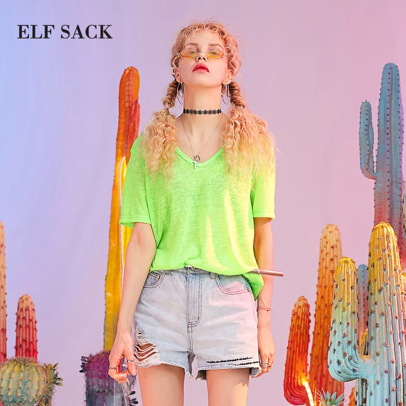 ELFSACK одноцветная женская футболка с v-образным вырезом стильные женские футболки