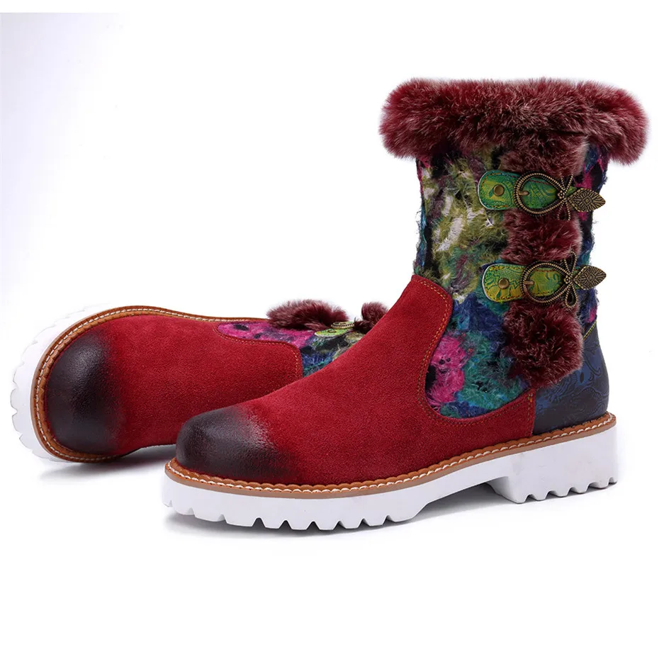 2019 New Rabbit Fur Snow Boots Women Shoes Genuine Leather Casual Comfortable Women's Boots Retro Ladies Short Plush Flats Boots (14)