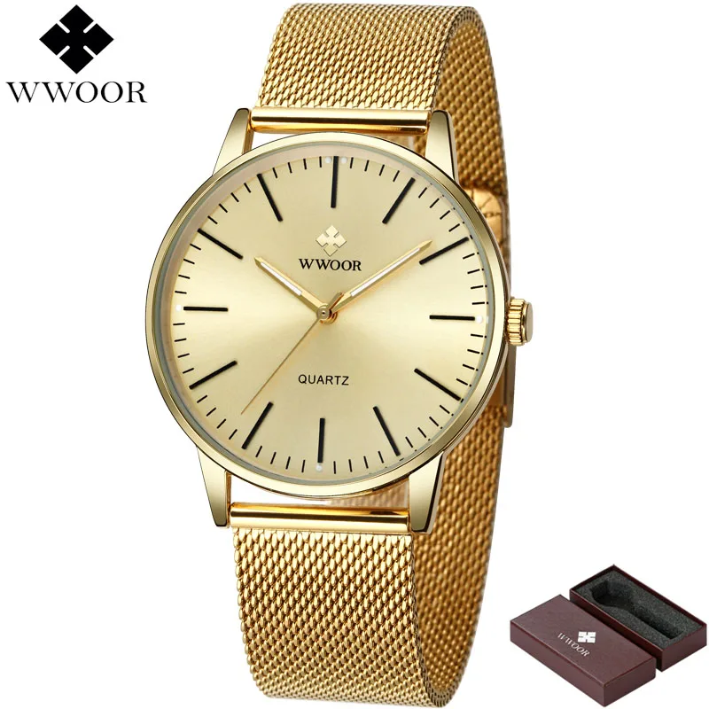 Best WWOOR Men Simple Slim Quartz Watch Gold Steel Mesh Ultra Thin Men Watches Luxury Brand Waterproof Male Wrist Watch Golden Clock
