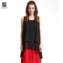 

Outline Brand Women Spring Solid T-shirt With Vintage National Trend Loose Tops In Cotton Linen Black Maxi Casual Camis L171Y020