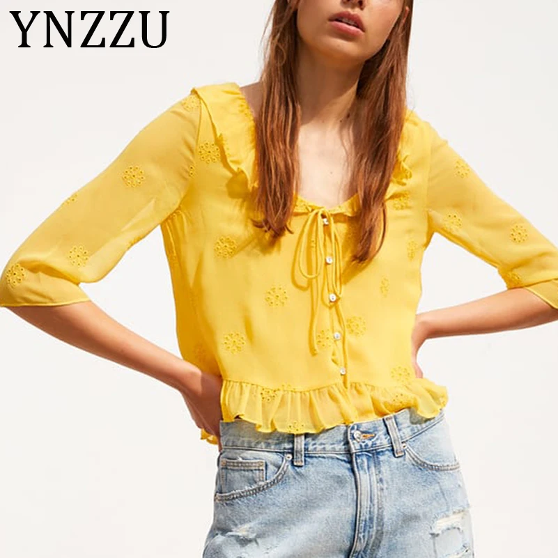

YNZZU Yellow Embroidery Elegant Blouse Women New Spring Summer V neck Sweet Ruffles Cute Bow Tie Shirt Women Tops Blusas AT247