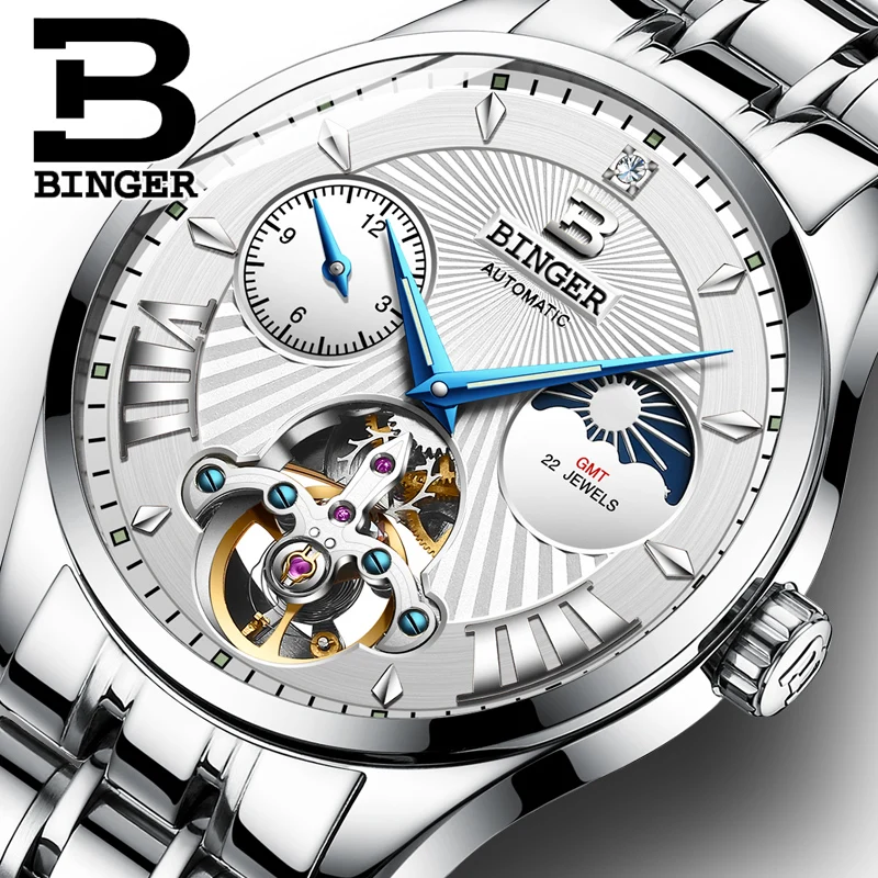 Швейцарские автоматические часы BINGER Tourbillon Мужские со стальным ремешком