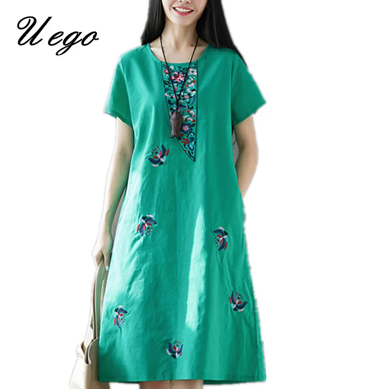 

Uego 2019 New Fashion Short Sleeve Summer Dress Cotton Linen Embroidery Floral Women Casual Dress Plus Size Ladies Midi Dress