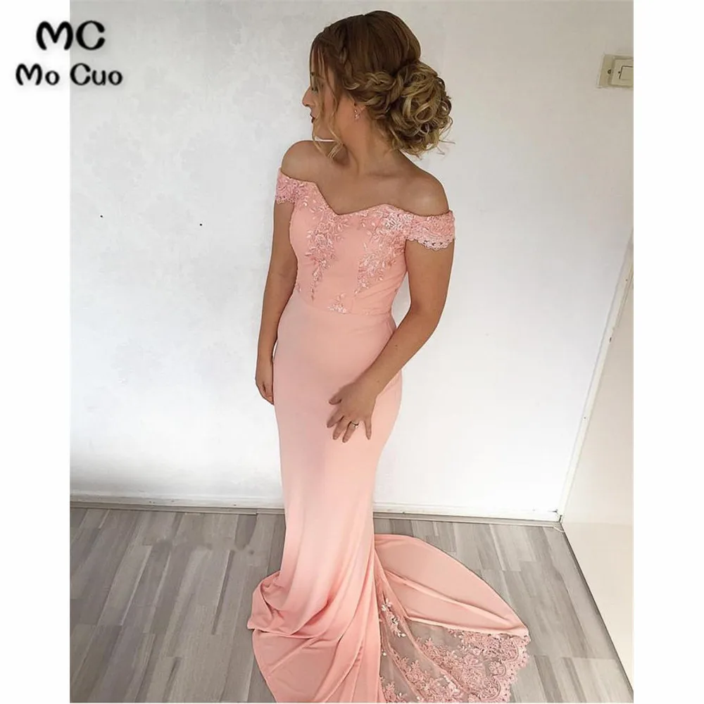 Mermaid Sweep Train Off Shoulder Prom Dresses Lace Appliques (2)