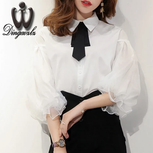 

Dingaozlz 2017 summer new Korean Slim bow chiffon blouse fashion women clothing chiffon shirt elegant OL tops