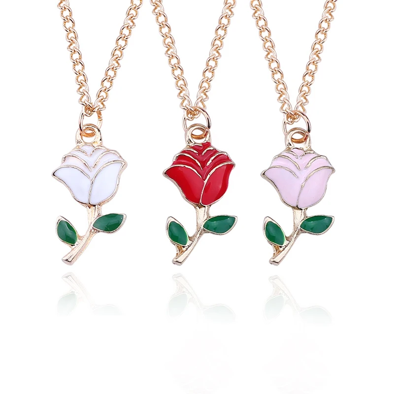 Fashion White Pink Rose Enamel Gold Rose Flower Pendant Necklace Gold Color Metal Necklaces For