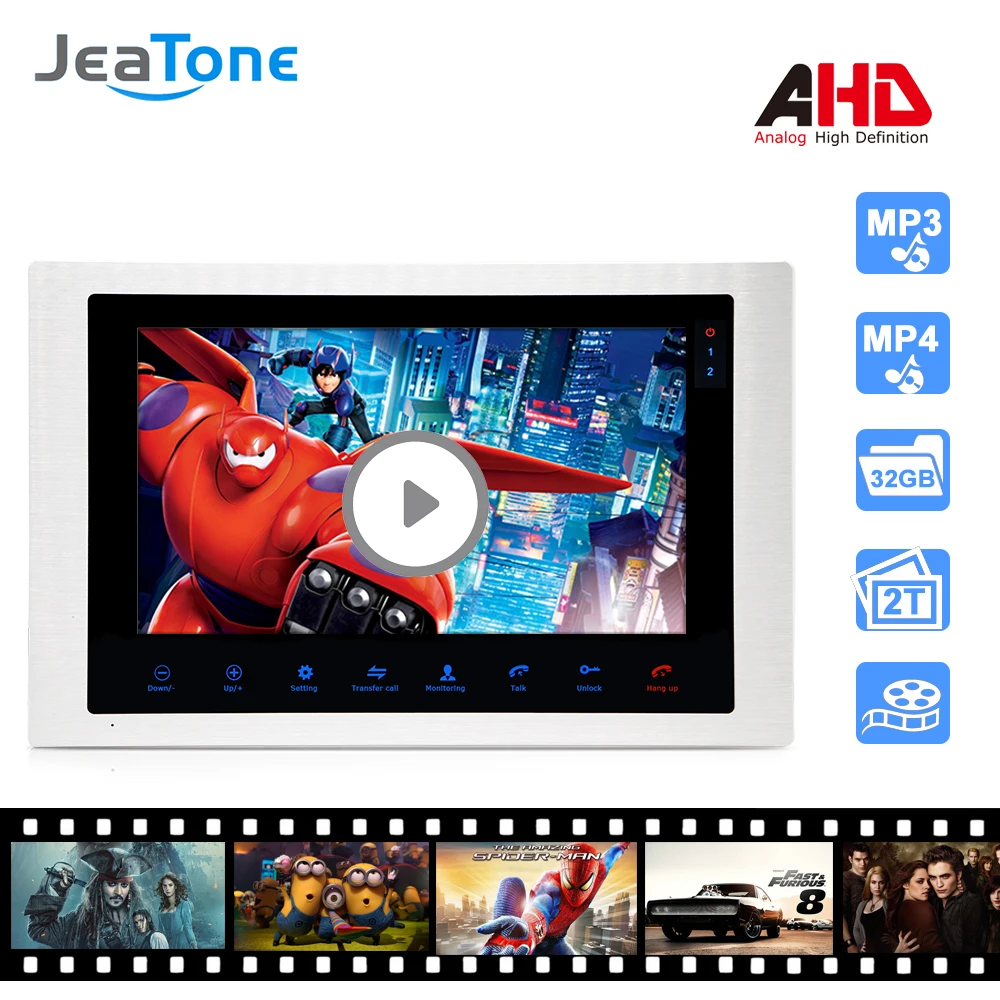 1080P AHD 10'' Video Door Phone Video Intercom Doorbell IP65 Waterproof Camera Support Voice Message/Motion Detection/MP4 Player