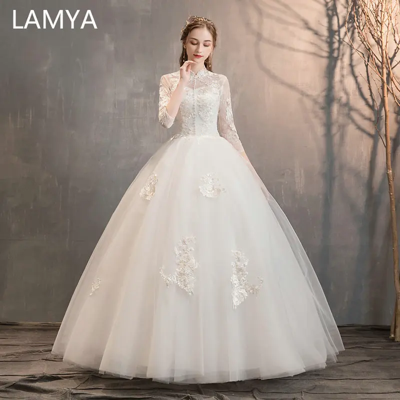LAMYA высокое качество свадебное платье мусульманское Кружево Аппликации три четверти рукав Свадебные платья под заказ бальное платье vestido de