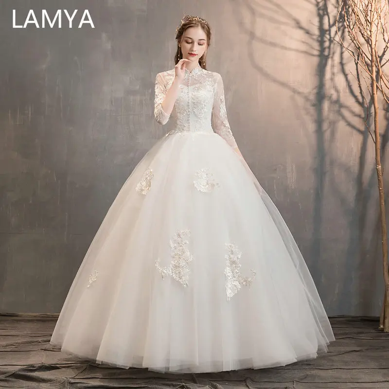 

LAMYA High Quality Muslim Wedding Dress Lace Appliques Three Quarter Sleeve Bridal Gown Customized Ball Gown vestido de noiva