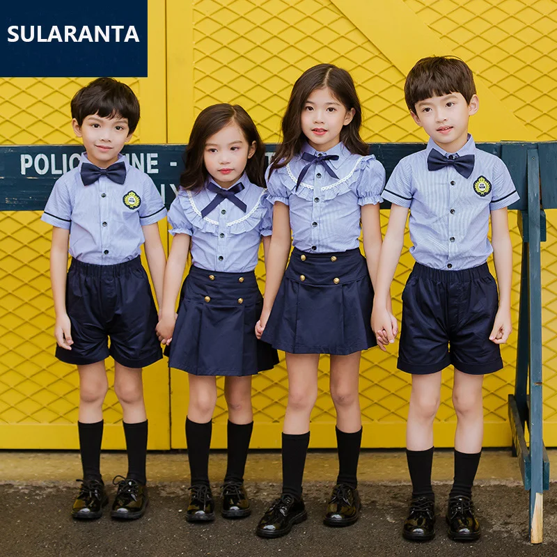 Children Japanese Korean School Uniform for Girls Boys Blue Shirt Tops