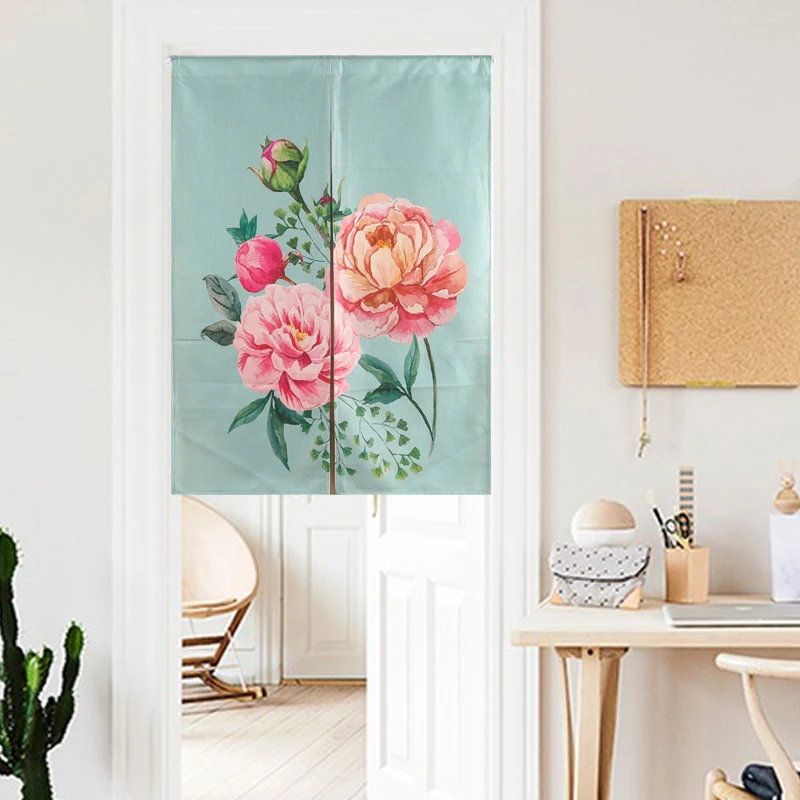 Chinese Flowers Door Curtain Red Floral Rose Noren Linen Tapestry Study