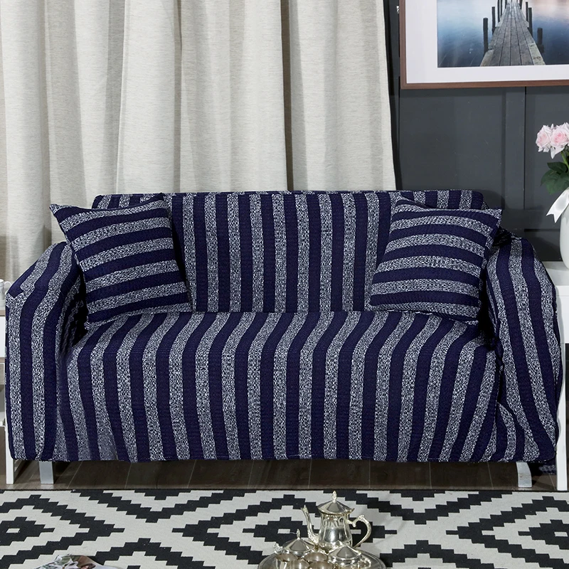 Elastic Sofa Cover Knitted Blue Stripes Slipcovers Universal Flexible