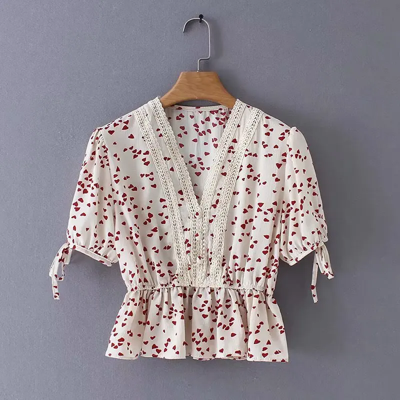 

YD35-8818 European and American Fashion Fengtaoxin Printed Lace Stitching Top