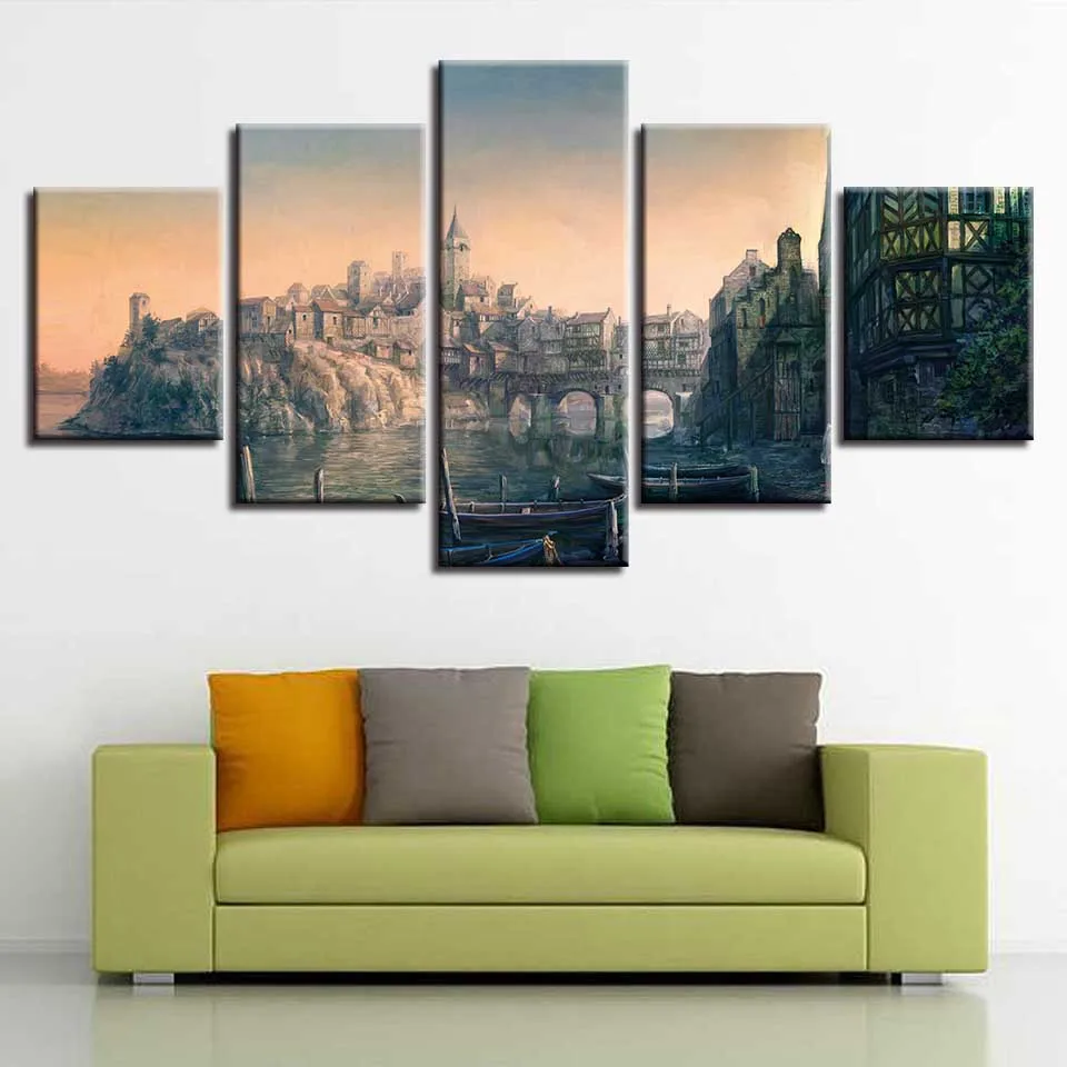 

Canvas Prints Poster Home Decor 5 Pieces Witcher Pictures Game Abstract Harbor Ship Building Painting Modular Wall Art Framework