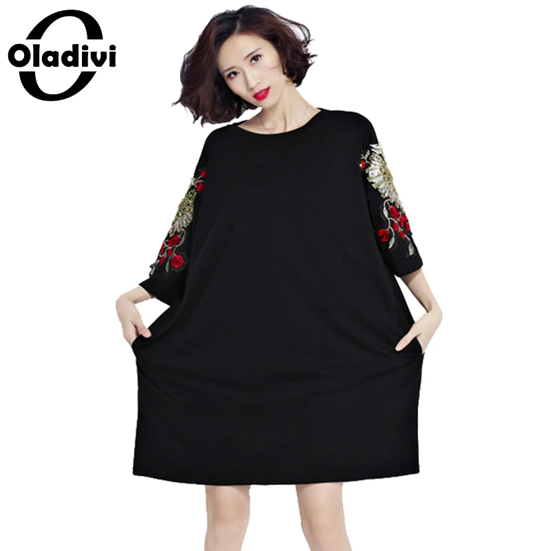 

Oladivi Plus Size Women Clothing Embroidered Dress Fashion Ladies Tops Tees Tunics Female Casual Shirt Dress Vestidos Black 6XL