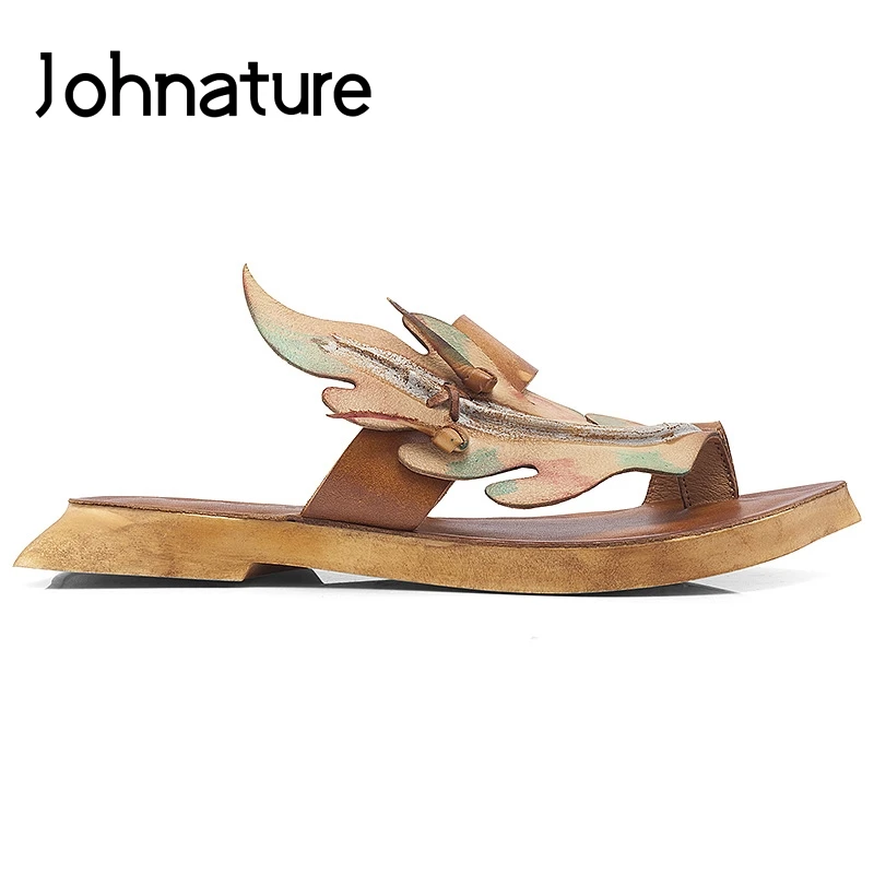 

Johnature Genuine Leather Summer New Sandals Floral Outside Slippers Sewing Retro National Style Flat With Slides Women Shoes