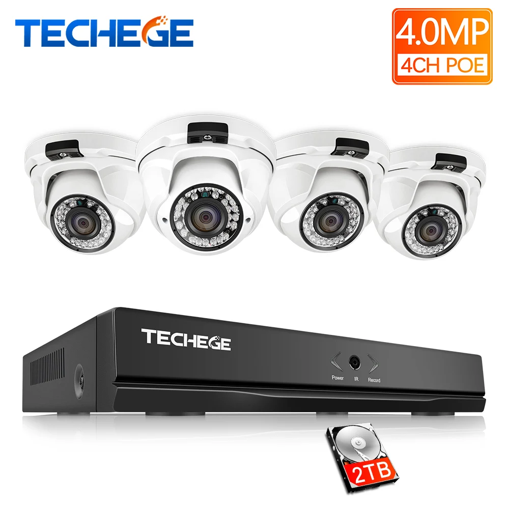 Techege 4CH POE Системы H.265 NVR 4MP купольная ip камера Камера indoor 2560*1440 Ночное Видение