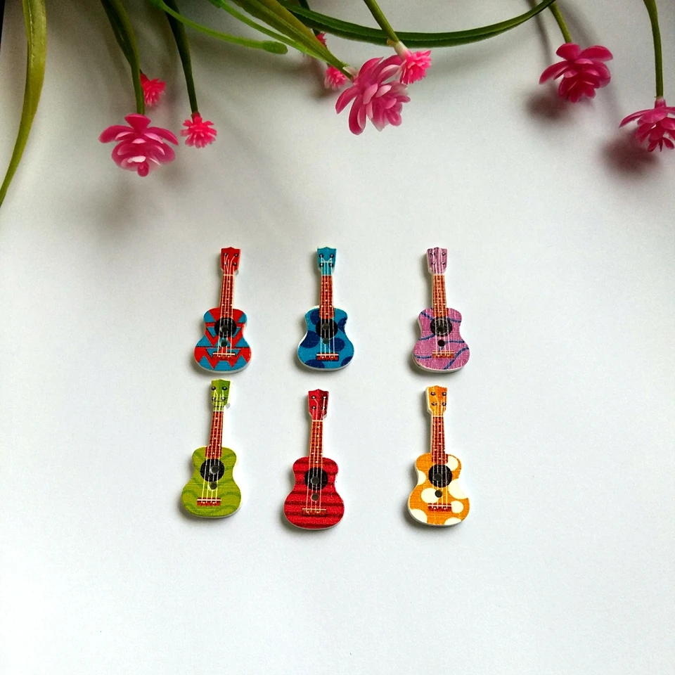 

Hot 150pcs Mixed color Wood Buttons guitar Pattern Decoration Buttons 2 Holes Sewing Accessories botones for Craft DIY Scrapbook