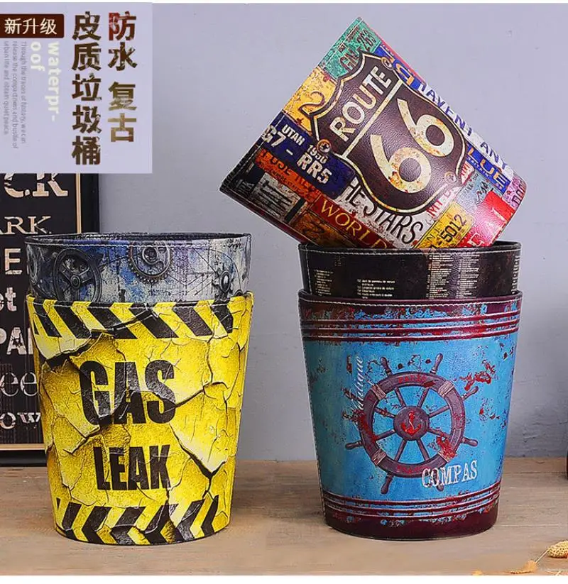 Retro Leather Trash Cans Home Waste Bins Kitchen Living Room Decoration Storage Bucket Ornaments Art Crafts Clean Supplies