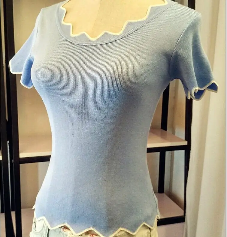 

Spring Summer Women Slim Knitting Short Sleeve Wave Neck Cropped T-shirt Tops Female Knitted Short T-shirts Tees JH8195