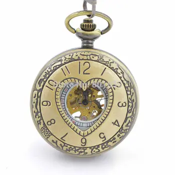 

H249 Bronze Tone Heart Shape Case Design Hand Wind up Mechanical Pocket Watch W/ Chain Brand New Nice Gift Machinery Watch