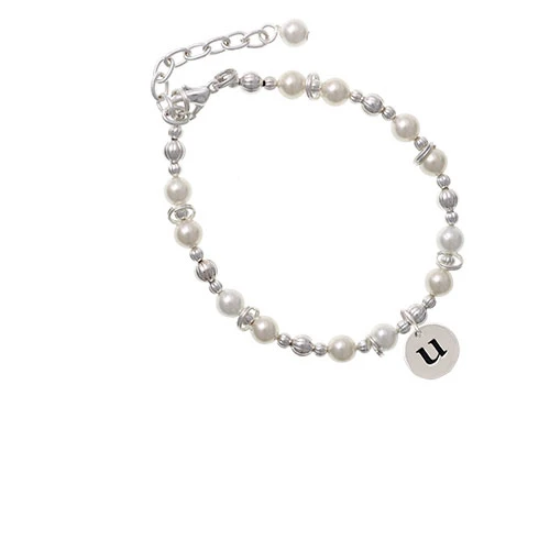 Silvertone Disc 1/2'' Initial - u - Imitation Pearl Beaded Bracelet