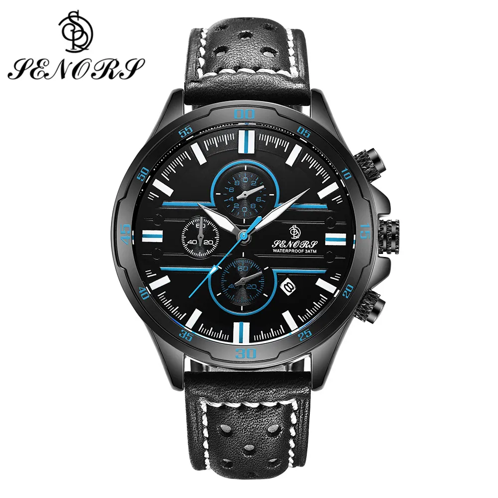 

SENORS Casual Sport Quartz Watch Men Leather Strap Chronograph Men Watches Wrist Stopwatch Black Military Waterproof Male Clock