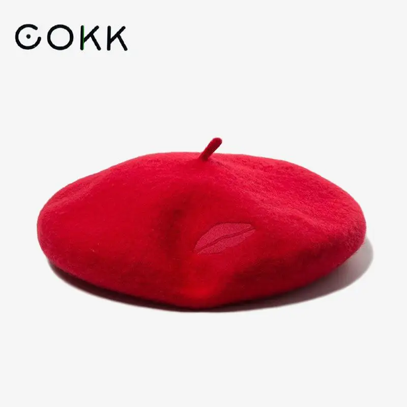 

COKK Pure Wool Beret Autumn Winter Hats For Women Embroidered Red Lipstick Boina Feminina Painter Cap Lady Warm Gorras Bone New