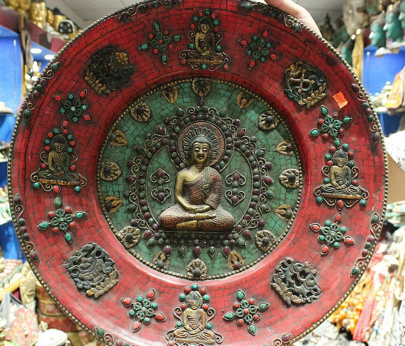 19 Tibet Buddhism Turquoise Sakyamuni Buddha 4 Auspicious Symbol Plate Roundel