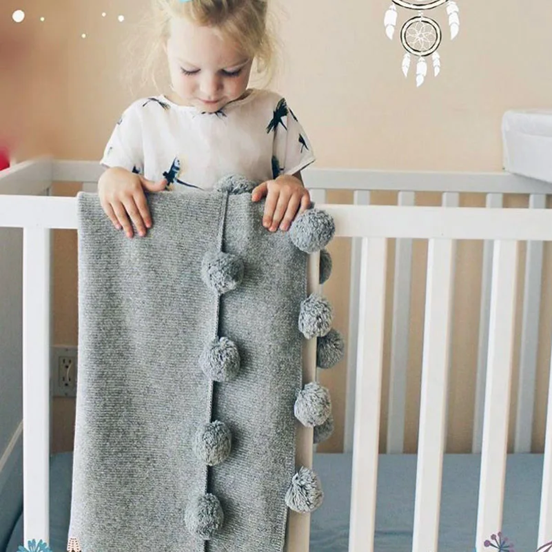 

Baby Blankets Fleece Blanket on the Bed Beach Gray Pom Pom Sofa Blanket Baby Children Cute Wool Blanket Infant Newborn 73*105