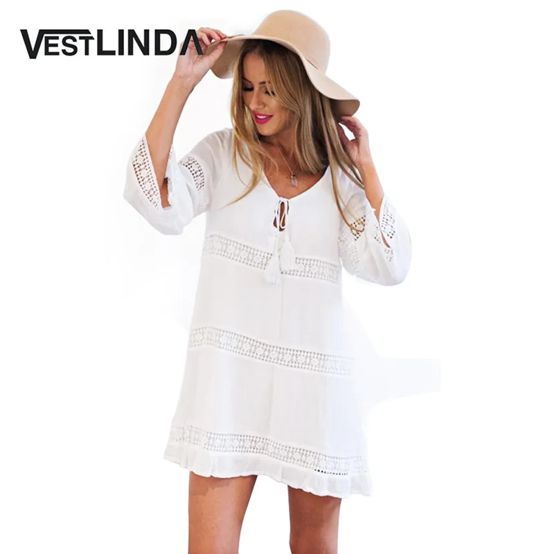 Buy Cheap VESTLINDA Summer Boho Women White Mini T Shirt Dress Ladies Elegant Hollow Lace Bohemian Beach Short Dress Casual Party Dresses