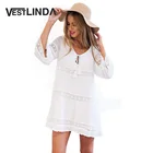 Save 6.39 on VESTLINDA Summer Boho Women White Mini T Shirt Dress Ladies Elegant Hollow Lace Bohemian Beach Short Dress Casual Party Dresses