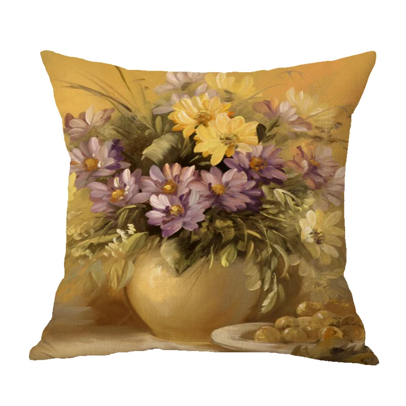 Vintage Style Oil Painting Flowers Cushion Covers European Retro Flowers Art Cushion Cover Beige Linen Pillow Case Free Shipping