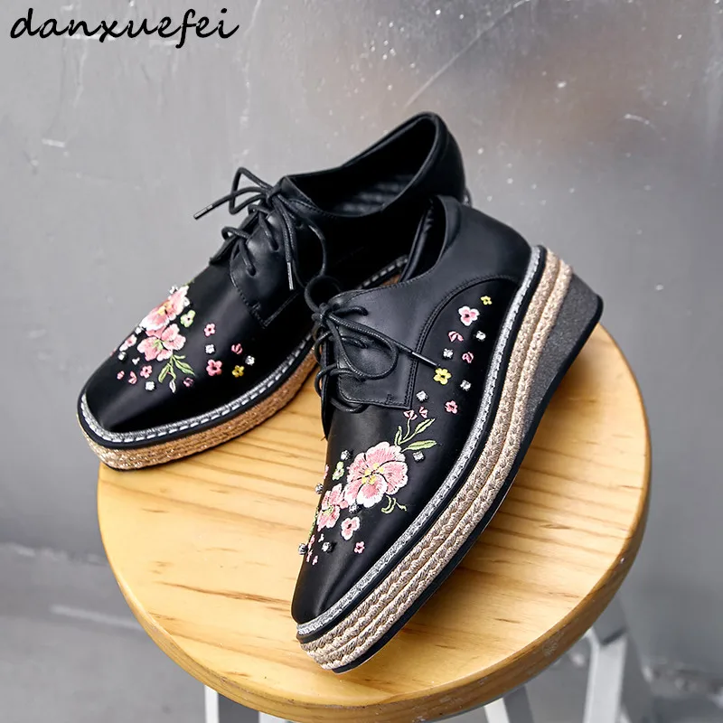 

Women's genuine leather Sardine cloth patchwork platform flats oxfords Embroidered flower rhinestone leisure brogues shoes sale