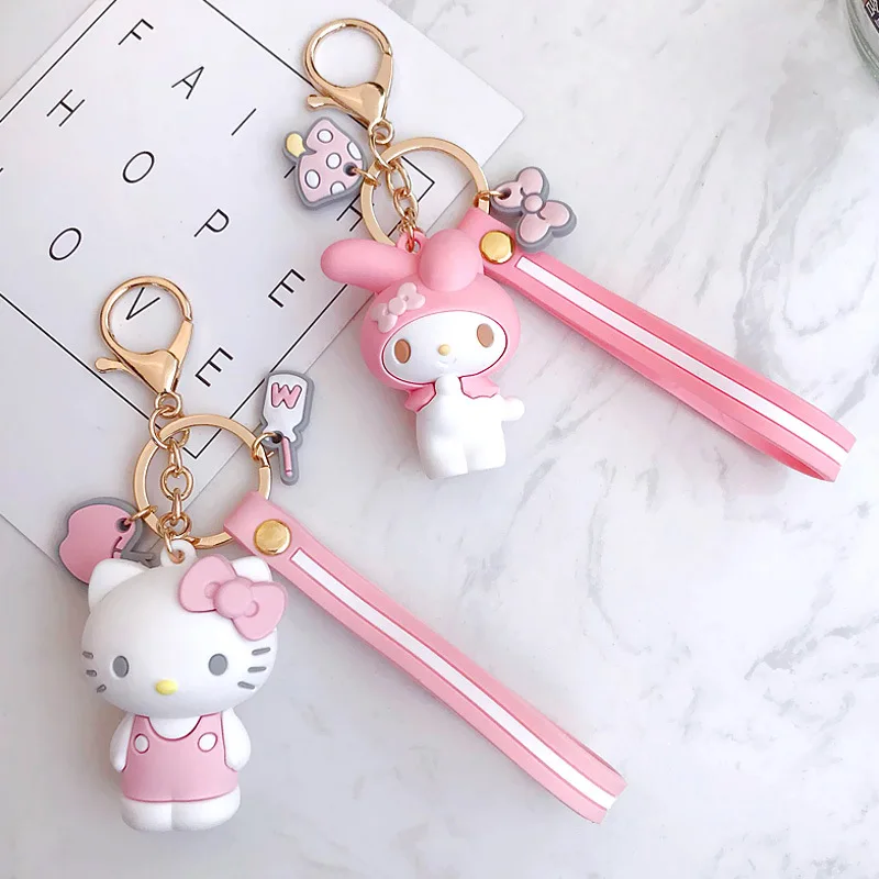 

Cartoon Cute Animal Hello Kitty Melody Keychain Wrist Band Bell KT Key Ring Women Purse Car Key Chains Gift Trinkets Porte Clef