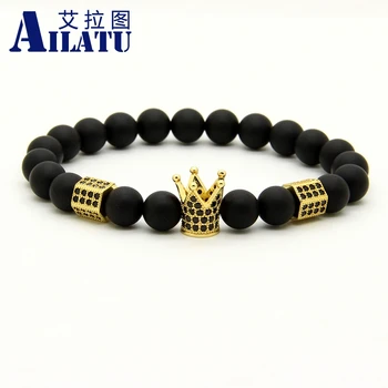 

Ailatu Powerful Men's Jewelry Wholesale 8mm A Grade Matte Onyx Stone Beads with Black Cz Imperial Crown & Stoppers Bracelets