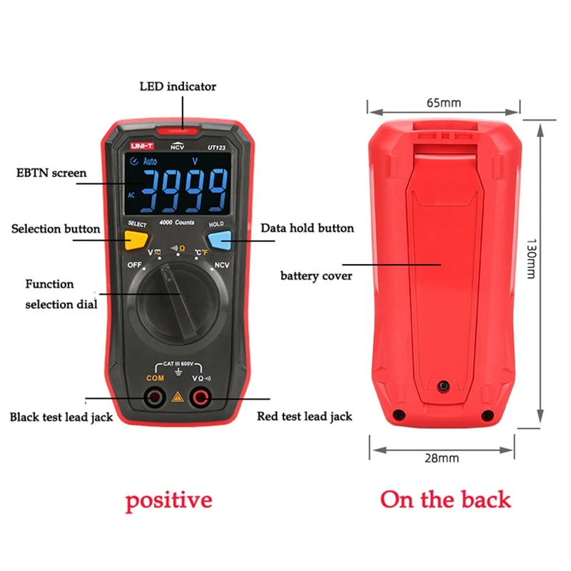 Uni-t Ut123 Карманный бытовой мультиметр; портативный цифровой мультиметр/Ncv/температурный тест