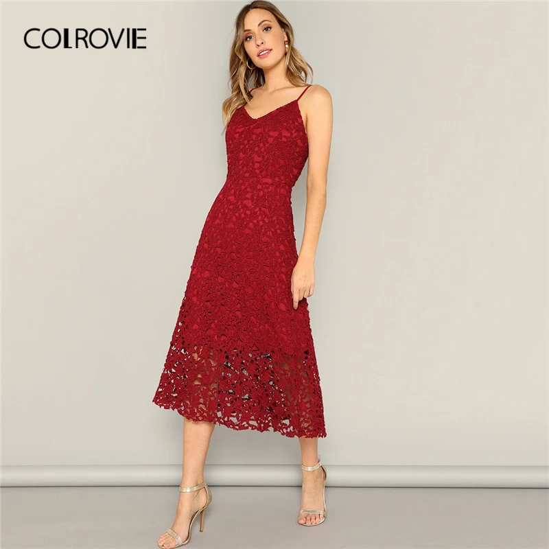 

COLROVIE Burgundy Solid Lace Overlay Cami Party Dress Women 2019 Summer Sleeveless Vintage Elegant Office Ladies Long Dresses