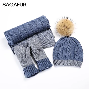 

Winter Hat Scarf Gloves Set Beanies Ladies Mixed Color Wool Blends Knitted Hat Fur Mink fur Pompoms Hat Female 2018 New Warm Cap