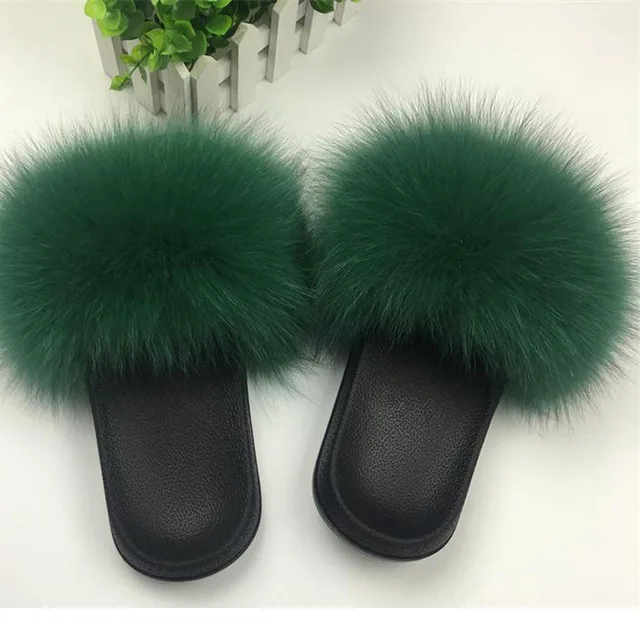 VOTODA/пушистые меховые тапочки; женские шлепанцы из лисьего меха на плоской подошве; милый плюшевый домик; модные брендовые дизайнерские сандалии с лисьим мехом - Цвет: green