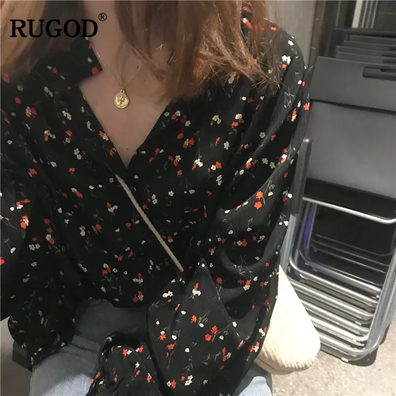 Женские блузки с цветочным принтом RUGOD винтажные топы v образным вырезом и