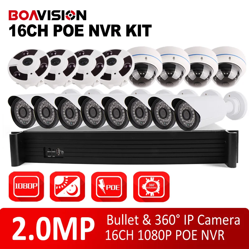16CH POE NVR System Kit With 2MP 1080P Security Bullet&Dome IP Camera Fisheye View 16 Channel CCTV Surveillance Security System