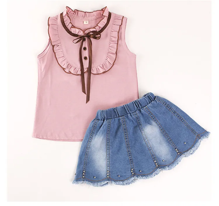 kids girls bowknot ribbon sleeveless shirts  denim short skirts girls clothes suits sets 12