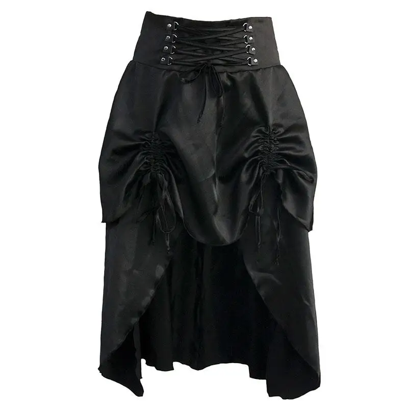 Black Satin Ruffles Swallowtail Vintage Steampunk Skirts Womens Long Burlesque Corset Skirt