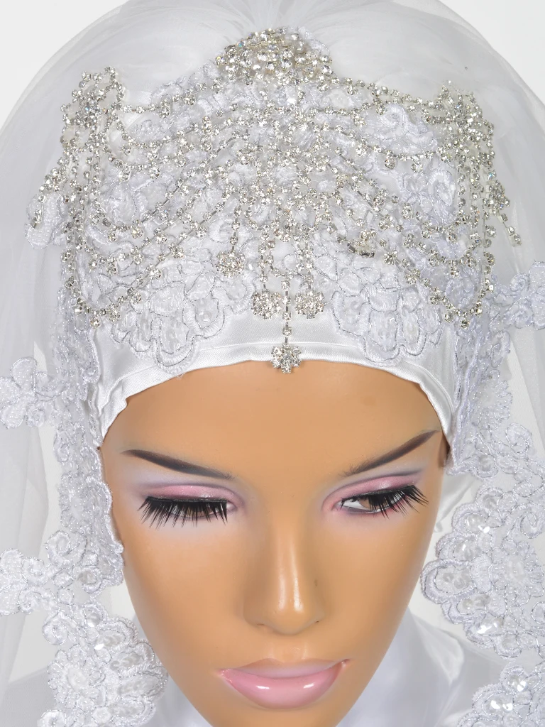 Мусульманская свадебная вуаль для невесты Свадебные хиджаб кристаллы, блестки Стразы Кружева Аппликации края длина затылка локтя один слой