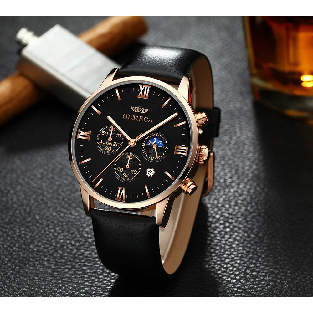 OLMECA кожаный ремешок для часов мужские водонепроницаемые спортивные кварцевые часы 2019 новый календарь светящиеся часы мужские наручные