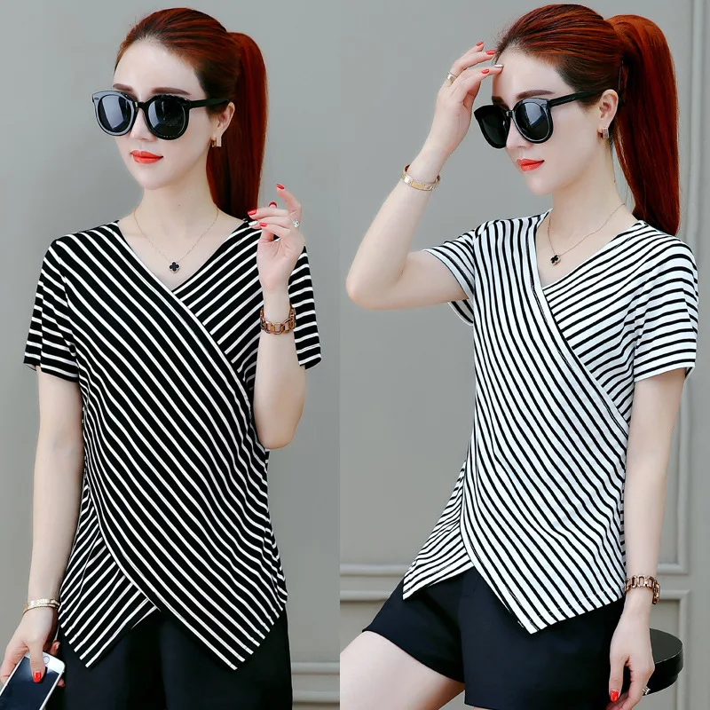 

T Shirt Female Short Sleeve Stripped Summer Women Clothes 2019 Women's Clothing Casual T-Shirts cow silk Tee Plus Size