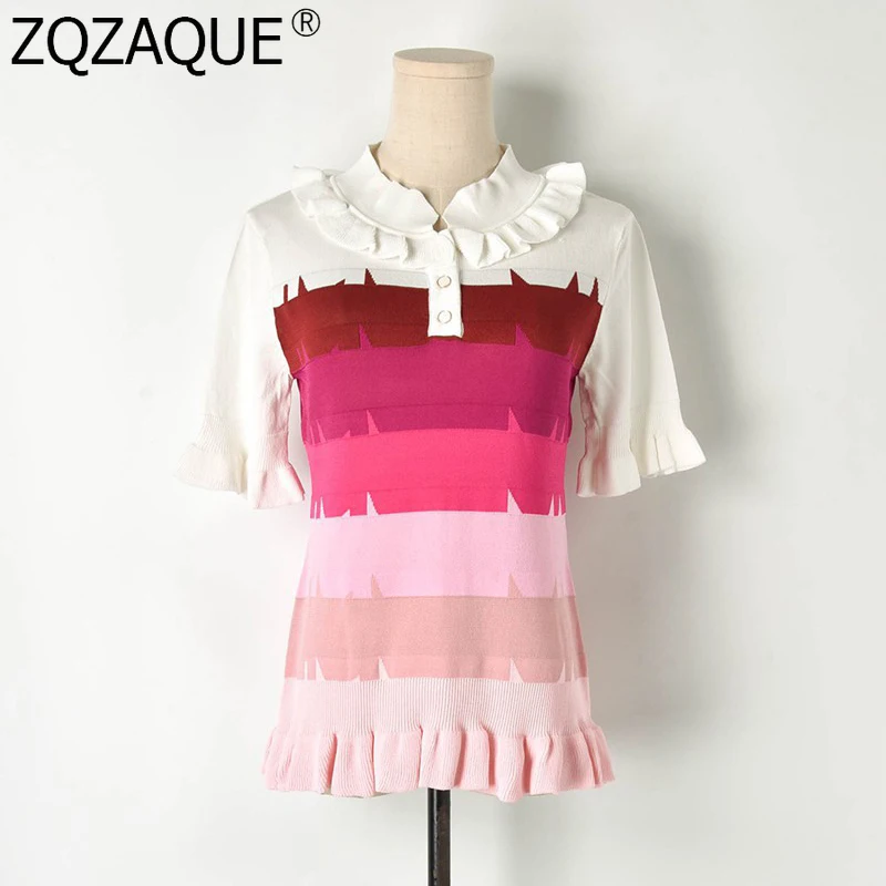 

2019 Knit T-shirts for Women's Stand Collar Contrast Color Ruffles Decor T Shirts Summer Tops European and American New Designer