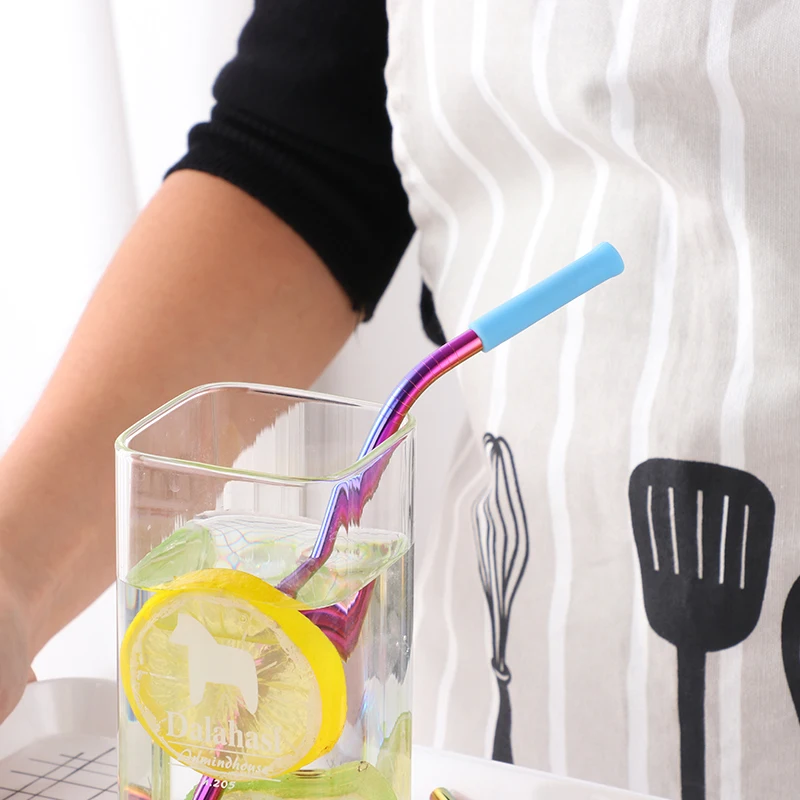 

New Stainless Steel Colorful Straight&Bend Drinking Straw With Silicone Tips And Cleaner Brush Bar Accessories